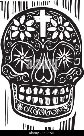 Woodcut style Mexican day of the dead skull. Stock Vector