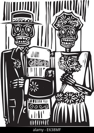 woodcut style Mexican day of the dead wedding image with groom and bride. Stock Vector