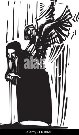 Woodcut expressionist style image of a Young angel emerging from the back of an old man. Stock Vector