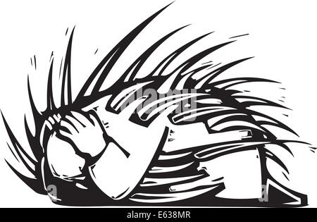 Woodcut expressionist style image of a man cowering on the ground with spines coming out of him. Stock Vector