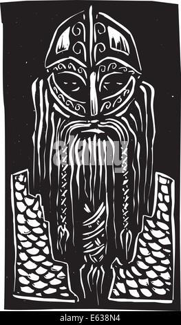 Woodcut style image of a bearded viking man in armor. Stock Vector