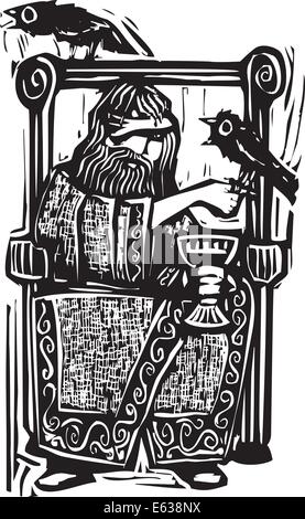 Woocut expressionist style image of the Norse god Odin or Wotan sitting on a throne with his ravens Stock Vector