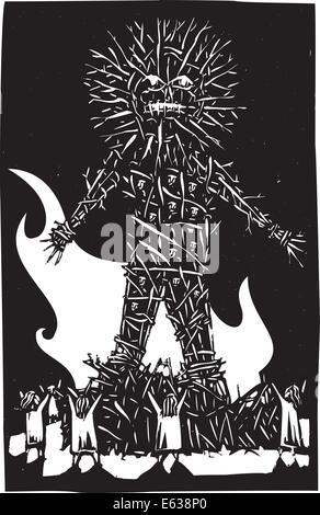 Woocut style expressionist image of pagan Celtic wicker man bonfire and sacrifice. Stock Vector