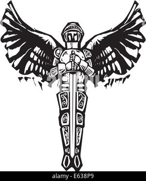 Archangel Michael in armor and sword in woodcut style image Stock ...