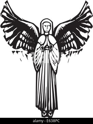 Woman Angel with wings praying in a woodcut style image Stock Vector