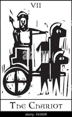 Woodcut expressionist style image for the Tarot card of the Chariot. Stock Vector