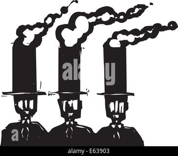 Woodcut style expressionist image of three business men in top hats that are smoke stacks. Stock Vector