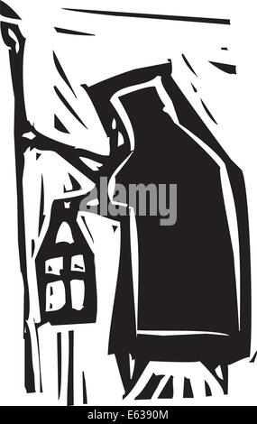 Woodcut expressionist style image of an old woman with a staff and lamp. Stock Vector