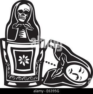 woodcut style image of a Russian nested doll with a skeleton doll inside. Stock Vector