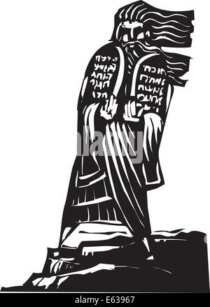 Woodcut style image of the Biblical Moses bringing the ten commandments down from the mountain. Stock Vector