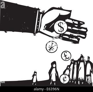 Woodcut style expressionist image of a bankers hand pouring coins on a group of people. Stock Vector