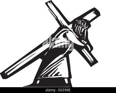 Jesus Christ bearing the cross on his backs towards his crucifixion. Stock Vector