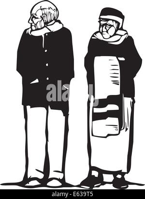 Expressionist woodcut style image of an old woman and old man. Stock Vector