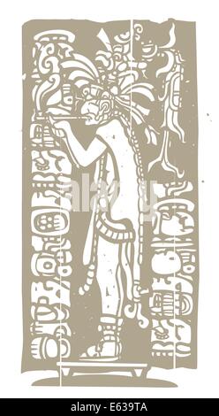 Mayan god in Jaguar skin smokes a pipe in image derived from traditional mayan temple imagery. Stock Vector