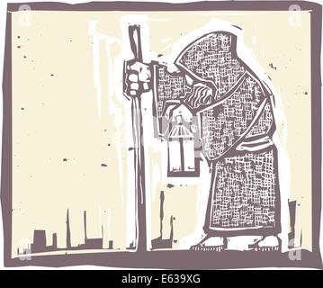 Image of a an old bearded man walking with a lamp in a woodblock print style Stock Vector