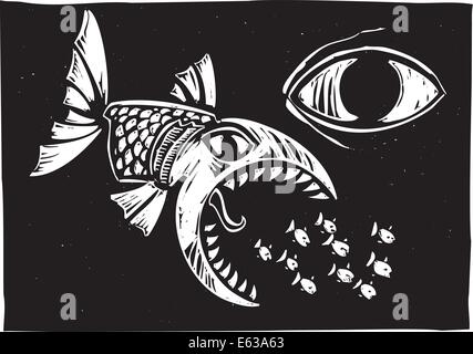 Big fish eating little fish watched by even bigger fish. Stock Vector