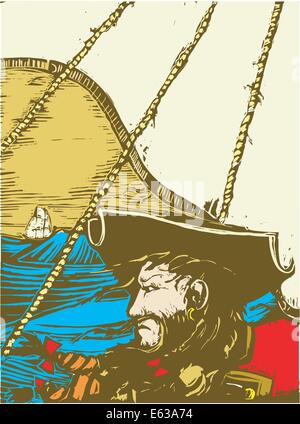 Blackbeard the Pirate on the Deck of his ship. Stock Vector