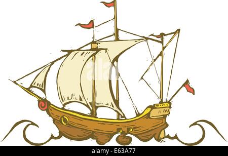 Sailing ship or Pirate ship in a woodcut style on the high seas. Stock Vector