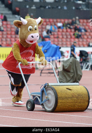 Zurich, Switzerland. 13th Aug, 2014. The mascot 'Cooly' pushes a tool to dry the floor at the European Athletics Championships 2014 at the Letzigrund stadium in Zurich, Switzerland, 13 August 2014. Photo: Rainer Jensen/dpa/Alamy Live News Stock Photo