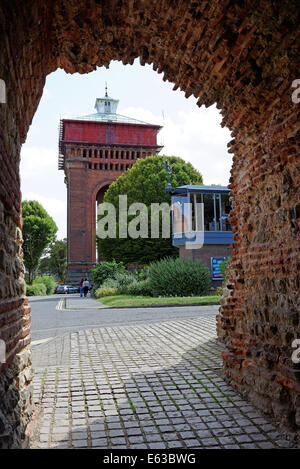 Statue of Mercury on the Mercury Theatre, Colchester,UK - with Victorian water tower,'Jumbo', in the background Stock Photo