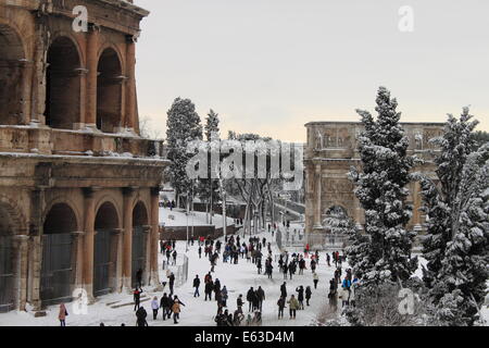ROME - FEB 4: Colosseum after the heavy snowfall on February 4, 2012 in Rome. The last snowfall in Rome was in 1985 Stock Photo