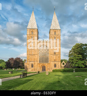 A view of the front of Southwell Minster taken in evening sunlight. The Minster is situated in Southwell, Nottinghamshire near Nottingham, England UK. Stock Photo