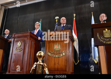 U.S. Secretary of State John Kerry stands with Arab League Secretary-General Nabil al-Araby, left, Egyptian Foreign Minister Sameh Shoukry, second from right, and United Nations Secretary-General Ban Ki-moon at a news conference in Cairo, Egypt, on July 2 Stock Photo