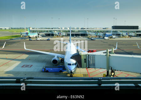 Jetway bridge to an airplane in Schiphol Airport, in Amsterdam, Holland, Europe Stock Photo