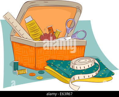 Illustration of a Wicker Basket Containing Sewing Materials Stock Photo