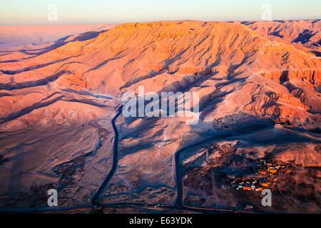 Aerial view of the desert landscape of the Valley of the Kings on West Bank of the Nile in Egypt. Stock Photo
