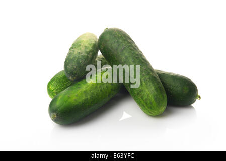 Fresh ripe green raw cucumbers on white background with soft shadow and reflection Stock Photo
