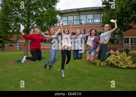 Bromley Kent, UK. 14th Aug, 2014. Students Georgina Weaver, Hannah Marsden, Olwen Mair, Chloe McCallum, Alex Chrysosthnou, Caroline Farmery from Bromley High School react to their A Level results. Credit:  Keith Larby/Alamy Live News Stock Photo