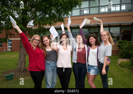 Bromley Kent, UK. 14th Aug, 2014. Students Georgina Weaver, Hannah Marsden, Olwen Mair, Chloe McCallum,Alex Chrysosthnou, Caroline Farmery from Bromley High School react to their A Level results. Credit:  Keith Larby/Alamy Live News Stock Photo