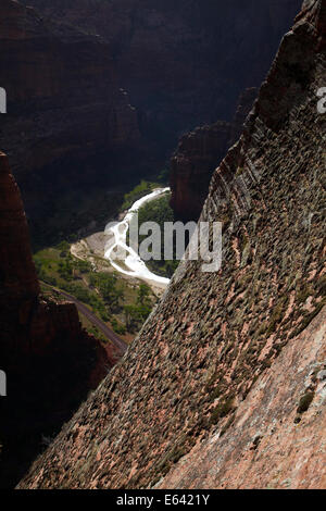 Looking down cliff face to Zion Canyon and Virgin River, seen from Angels Landing track, Zion National Park, Utah, USA Stock Photo