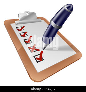 An illustration of a pen writing on clip board or completing a survey Stock Photo