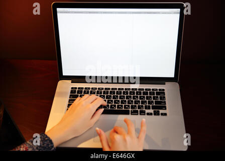 Closeup image of female hands using laptop Stock Photo