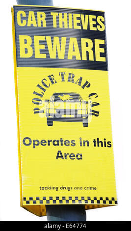 Beware car thieves police yellow warning sign isolated on white background Stock Photo