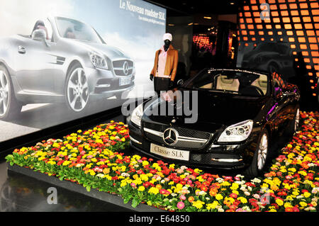 PARIS, FRANCE - MARCH 28, 2011: Mercedes Classe SLK presented in a shopping centre on Champs-Elysees in Paris Stock Photo