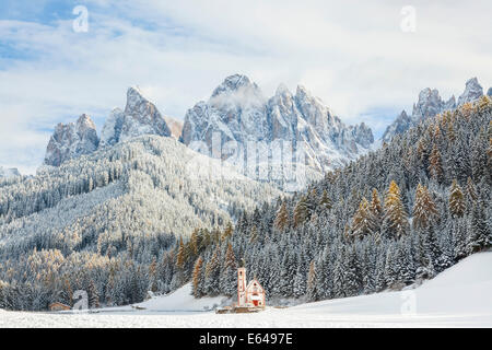 Snow, winter, St Johann Church, Val di Funes, Dolomites, Italy Stock Photo