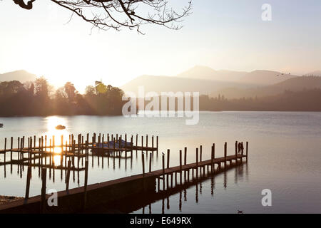 Pier, sunset, Derwent Water, Lake District, Cumbria, UK Stock Photo