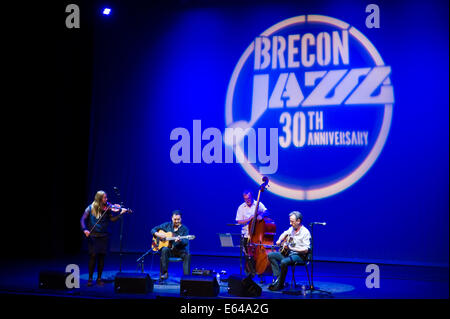 Live music gypsy jazz with Fapy Laferttin Quartet on stage at Brecon Jazz Festival 2014 Stock Photo