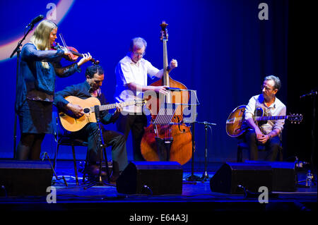 Live music gypsy jazz with Fapy Laferttin Quartet on stage at Brecon Jazz Festival 2014 Stock Photo