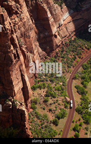 Zion Canyon, and shuttle bus on Zion Canyon Scenic Drive, seen from Angels Landing track, Zion National Park, Utah, USA Stock Photo