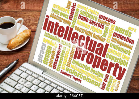 intellectual property word cloud on digital tablet with a cup of coffee Stock Photo