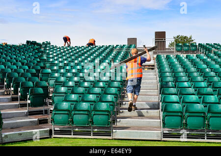 Bristol, UK. 14th Aug, 2014. Monday August Bank Holiday 25th, Extra seating is being put up for large crowds expected for The Royal London One-Day Series, ENGLAND v INDIA at The Gloucestershire County Cricket Club in Bristol in the UK. Credit:  Robert Timoney/Alamy Live News Stock Photo