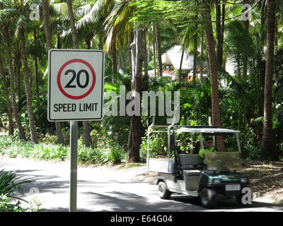 20 mile per hour speed limit sign on Hamilton Island, Great Barrier Reef, Australia. Stock Photo