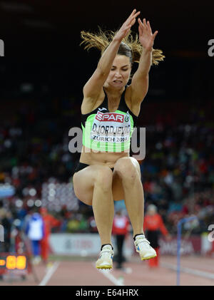 Zurich, Switzerland. 13th Aug, 2014. Nina Djordjevic of Slovenia competes in the women's long jump final at the European Athletics Championships 2014 at the Letzigrund stadium in Zurich, Switzerland, 13 August 2014. Credit:  Action Plus Sports/Alamy Live News Stock Photo