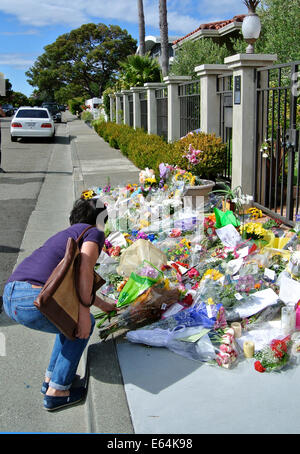 Tiburon, California. 13th Aug, 2014. Woman places bouquet of flowers on Sidewalk of Robin Williams home in Tiburon.  Hundreds of fans, neighbors and friends are leaving  gifts, flowers , cards, and poems daily in front of his home. Credit:  Bob Kreisel/Alamy Live News Stock Photo