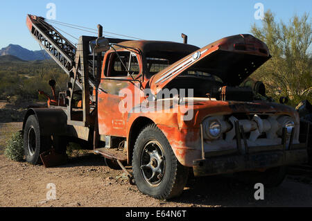 Abandoned Old Broken Down Tow Truck in Goldfield Ghost Town, Apache Junction, Arizona Stock Photo