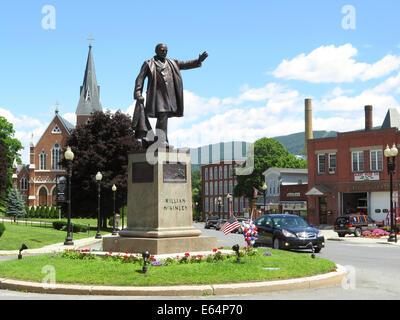 Adams Massachusetts has a picturesque main street with a large statue of President McKinley on the rotary and Florida Mountain. Stock Photo